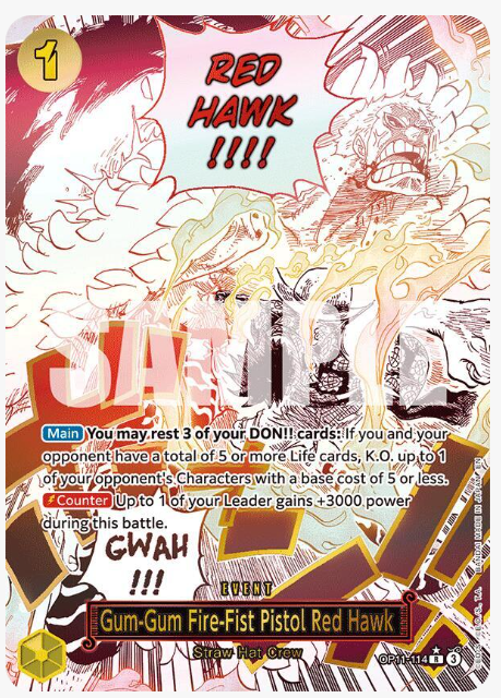 One Piece A Fist of Divine Gum-Gum Fire-Fist Pistol Red Hawk (Alternate Art) (EN) OP11-114